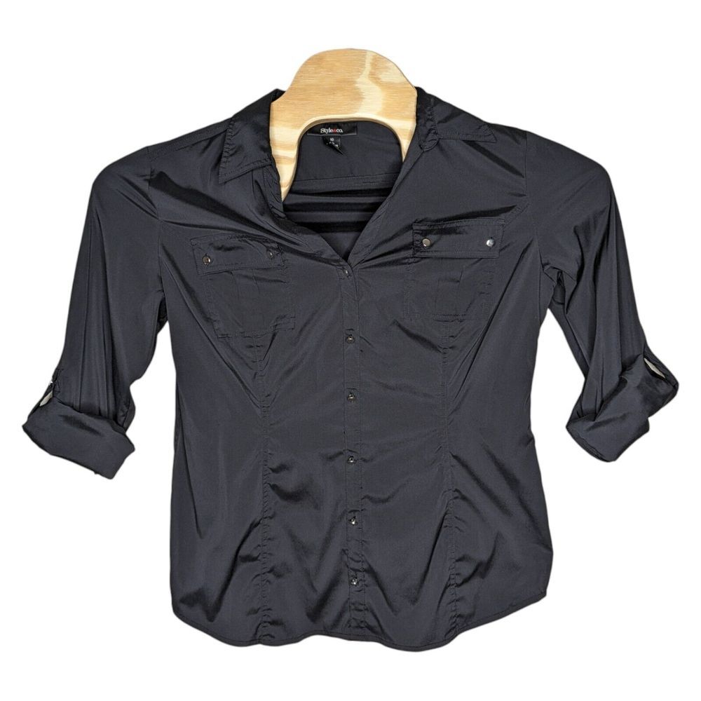 Style & Co Womens Stretch Top Size‎ 10 Black Blouse Roll Tab Long Sleeve Shirt
